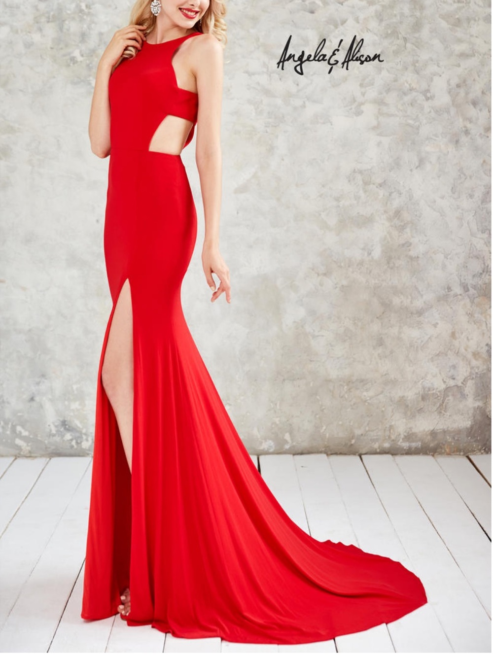 Angela & Alison 71006 Vibrant Red High Neck Halter Side Cutout Gown, Sz 14 NWT